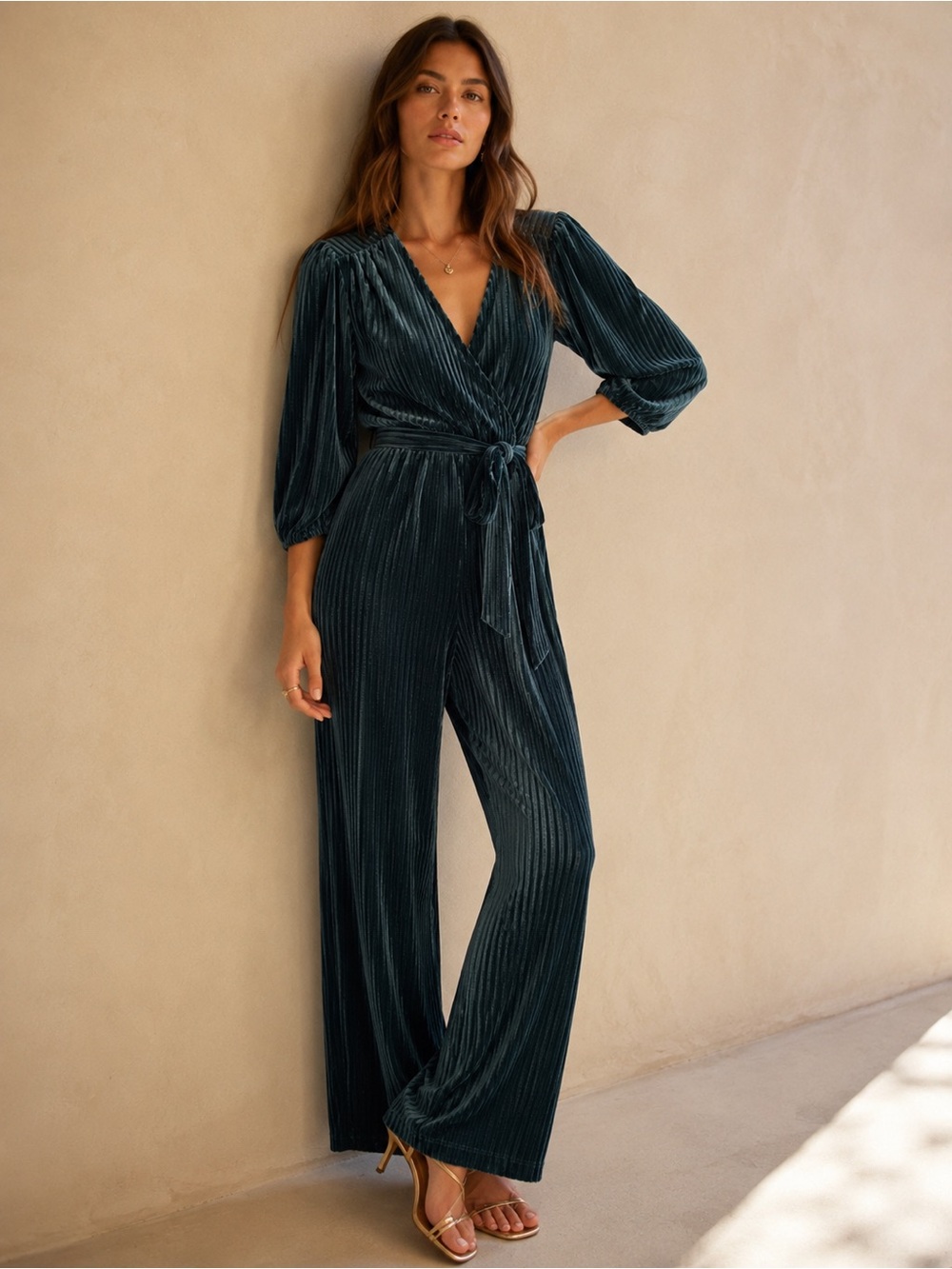 ALI & JAY Samantha Teal Ribbed Velvet Jumpsuit XS Petite Wrap Wide Leg Tie Waist